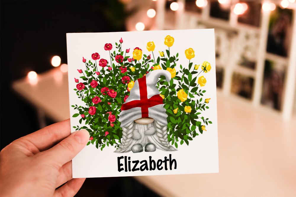 English Gnome Rose Card, England National Flower Card - Click Image to Close